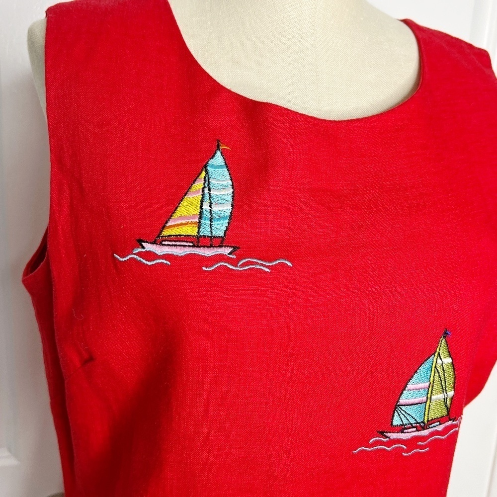 Vintage Dressbarn Shift Red Linen Blend Sailboat Embroidered Coastal Dress 12 - Picture 5 of 6